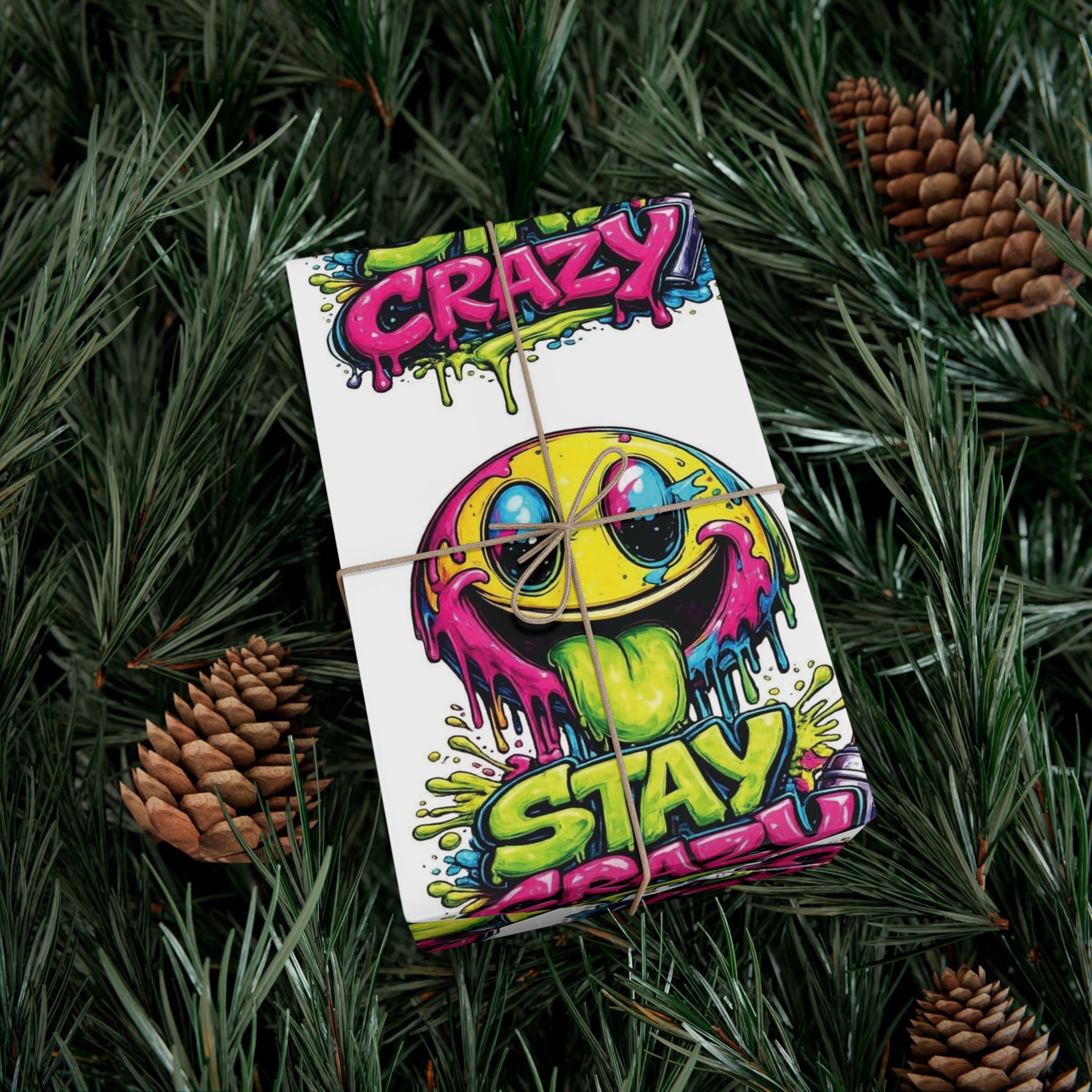 Gift Wrap Paper — 'Stay Crazy' Neon Smiley Graphic Wrap