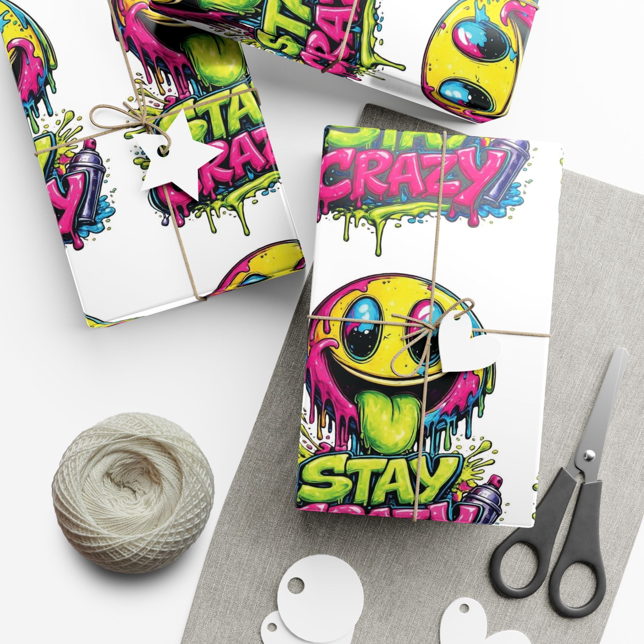 Gift Wrap Paper — 'Stay Crazy' Neon Smiley Graphic Wrap