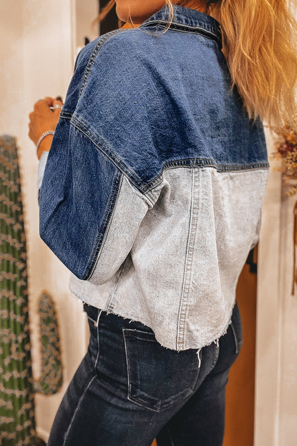 Dusk Blue Color Block Patchwork Flap Detail Distress Denim Jacket