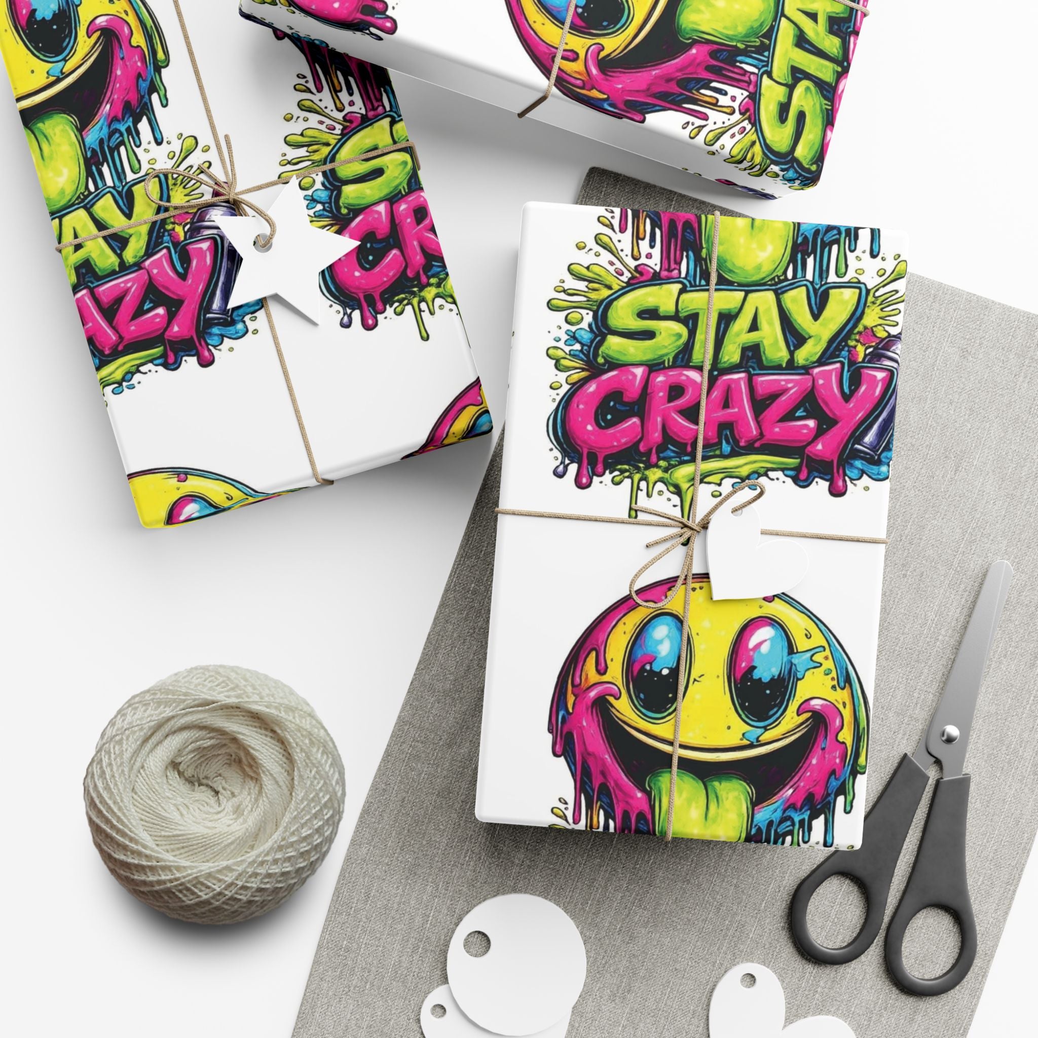 Gift Wrap Paper — 'Stay Crazy' Neon Smiley Graphic Wrap