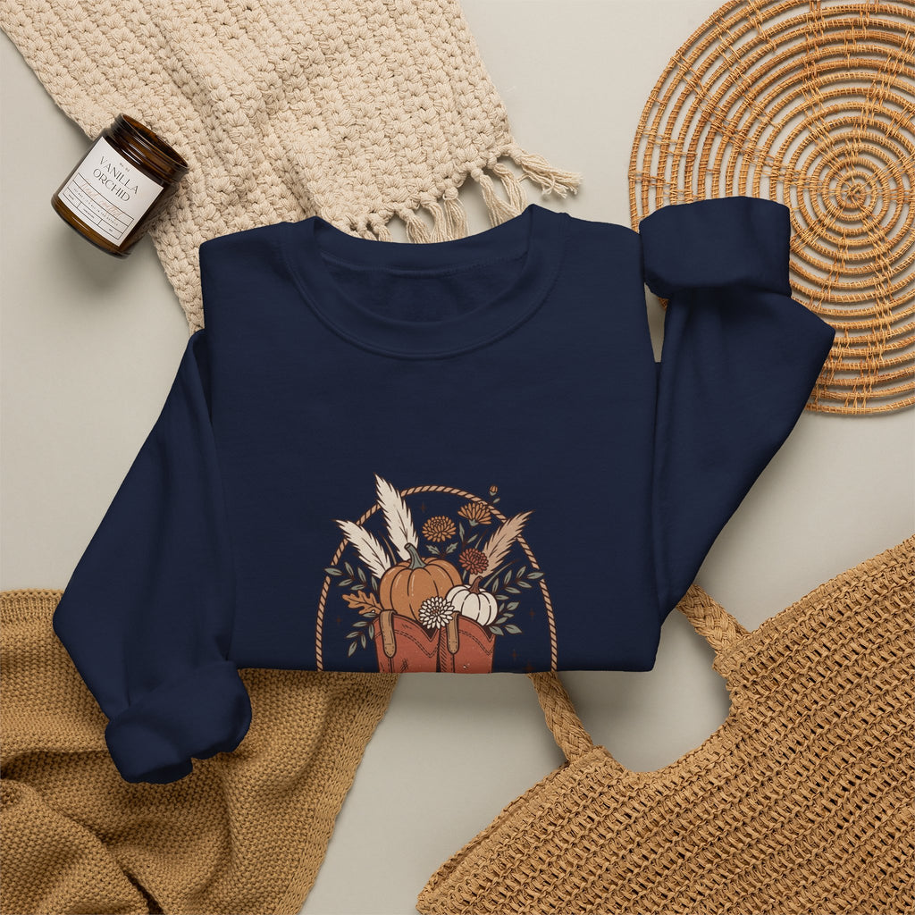 Boot Scootin' into Fall Pumpkin Crewneck Sweatshirt | Western Fall Aesthetic