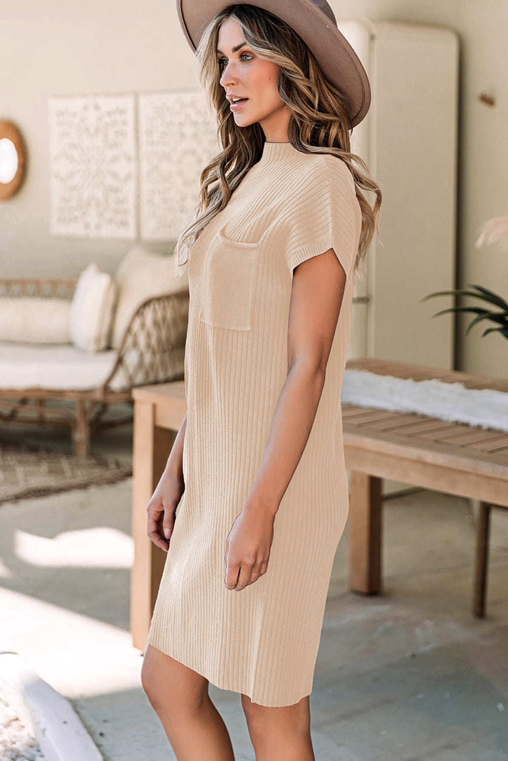 Red Dahlia Patch Pocket Ribbed Knit Short Sleeve Sweater Dress