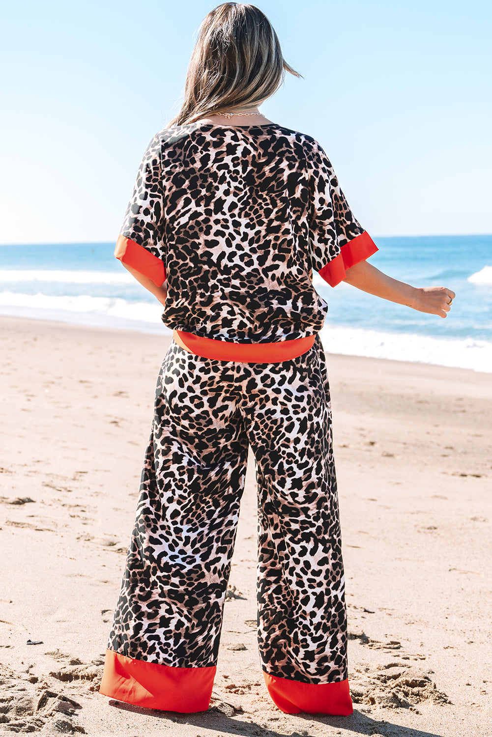 Brown Animal Print Color Contrast Edge Loose Fit Pants Set