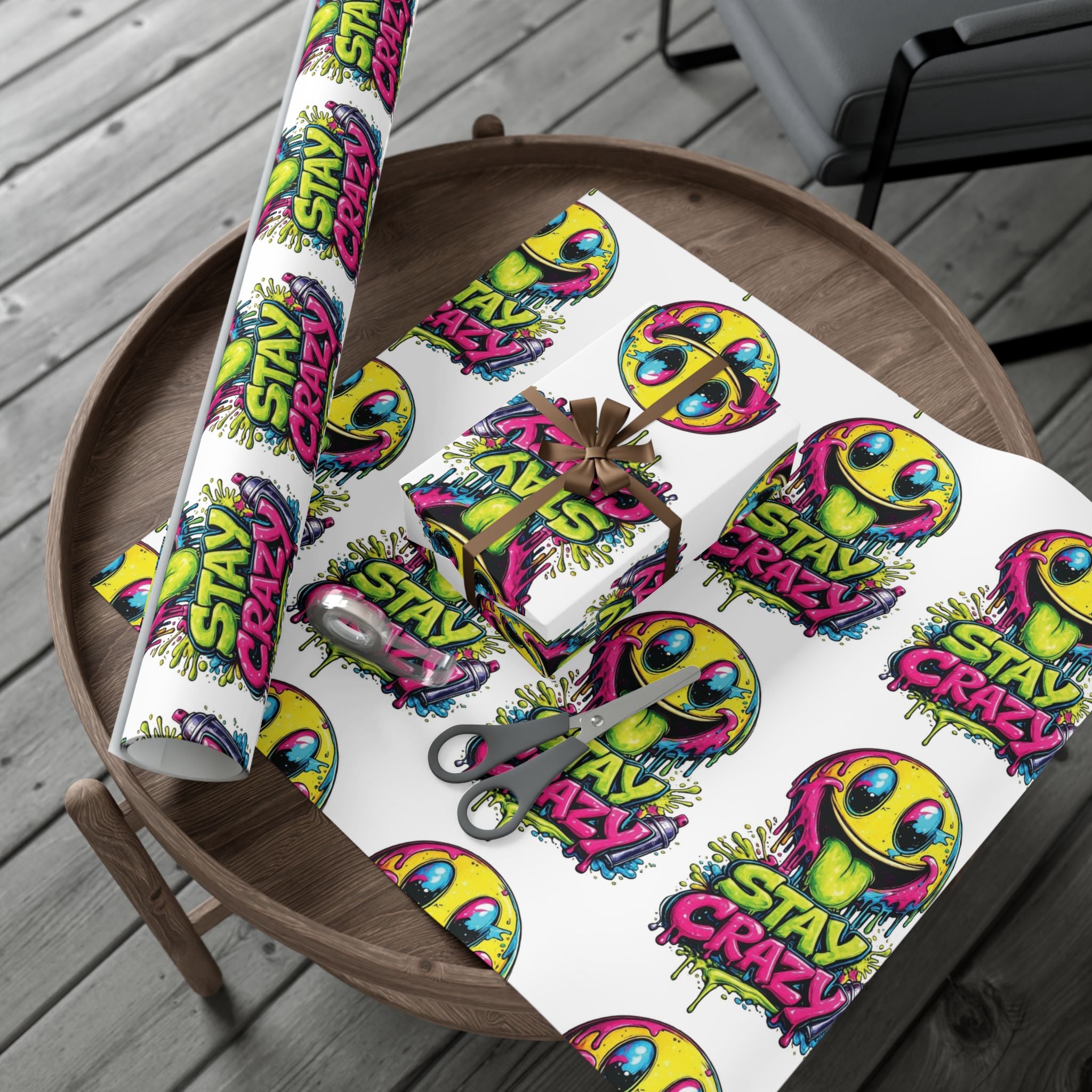 Gift Wrap Paper — 'Stay Crazy' Neon Smiley Graphic Wrap