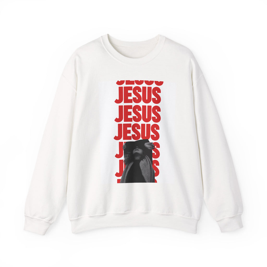 Jesus Repeat Graphic Sweatshirt — Vintage Photo & Bold Red Typography