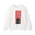 Jesus Repeat Graphic Sweatshirt — Vintage Photo & Bold Red Typography