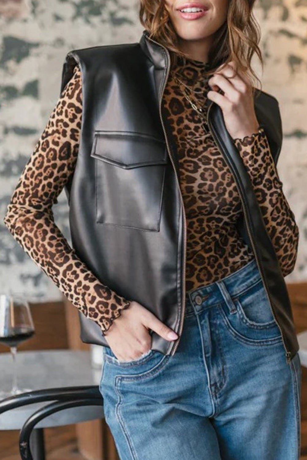 Black Double Flap Pocket Faux Leather Zip Up Stand Neck Vest