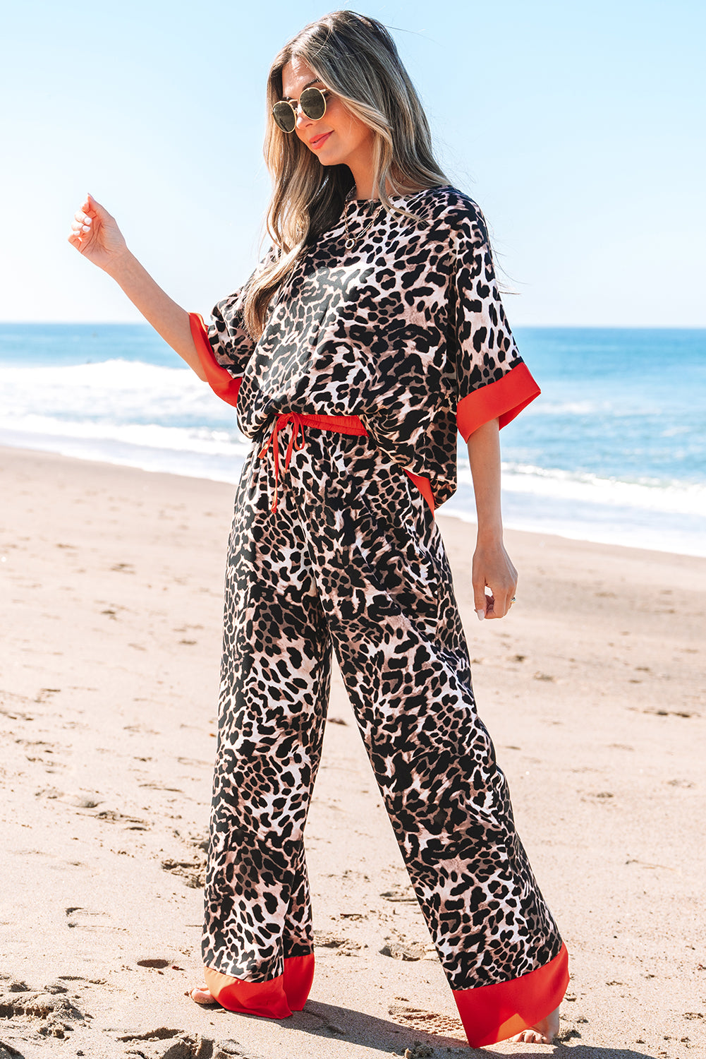 Brown Animal Print Color Contrast Edge Loose Fit Pants Set