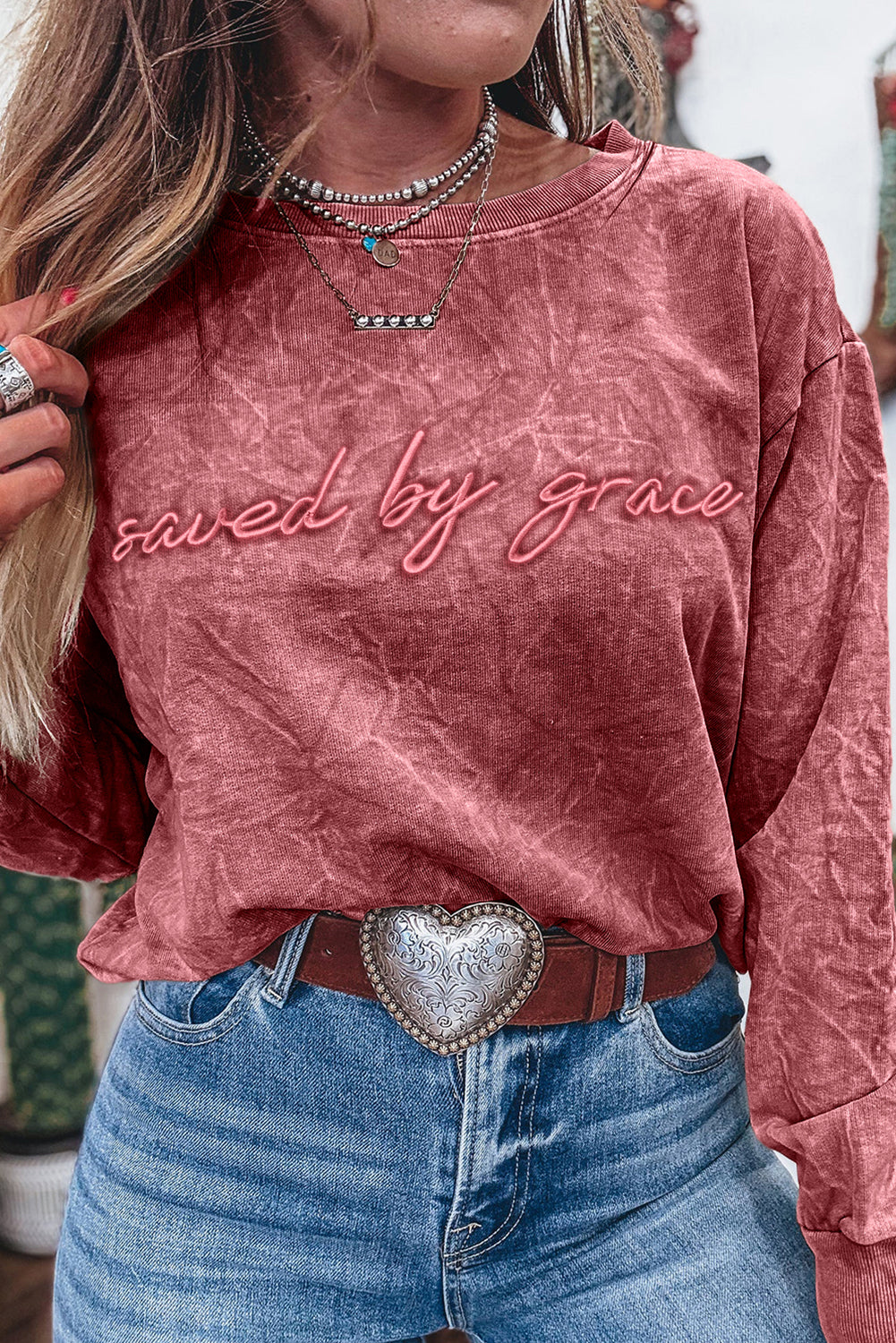 DUNE saved by grace Letter Embroidery Mineral Wash Loose Sweatshirt