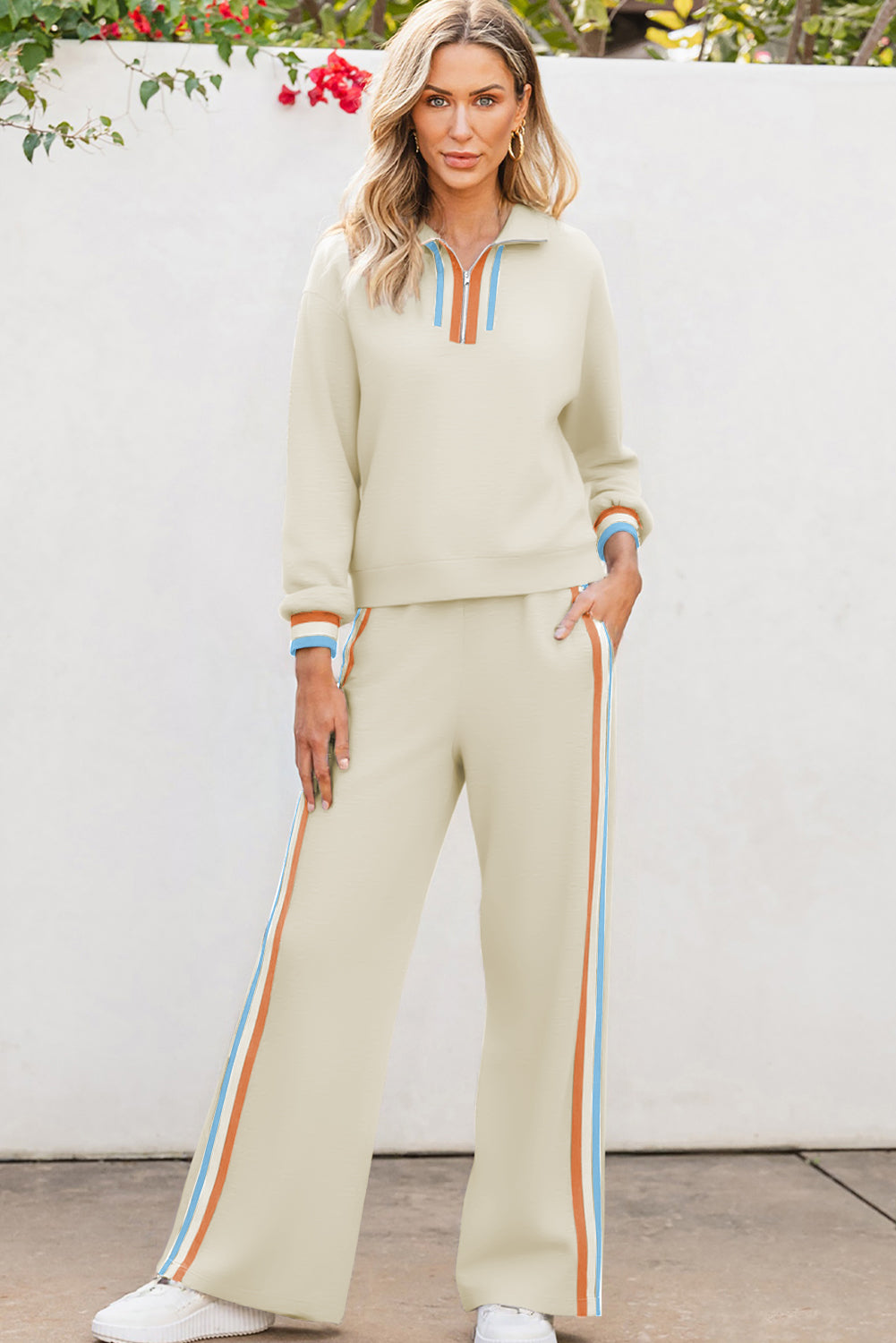 Gray Striped Patchwork Quarter Zip Pullover Loose Pant Set