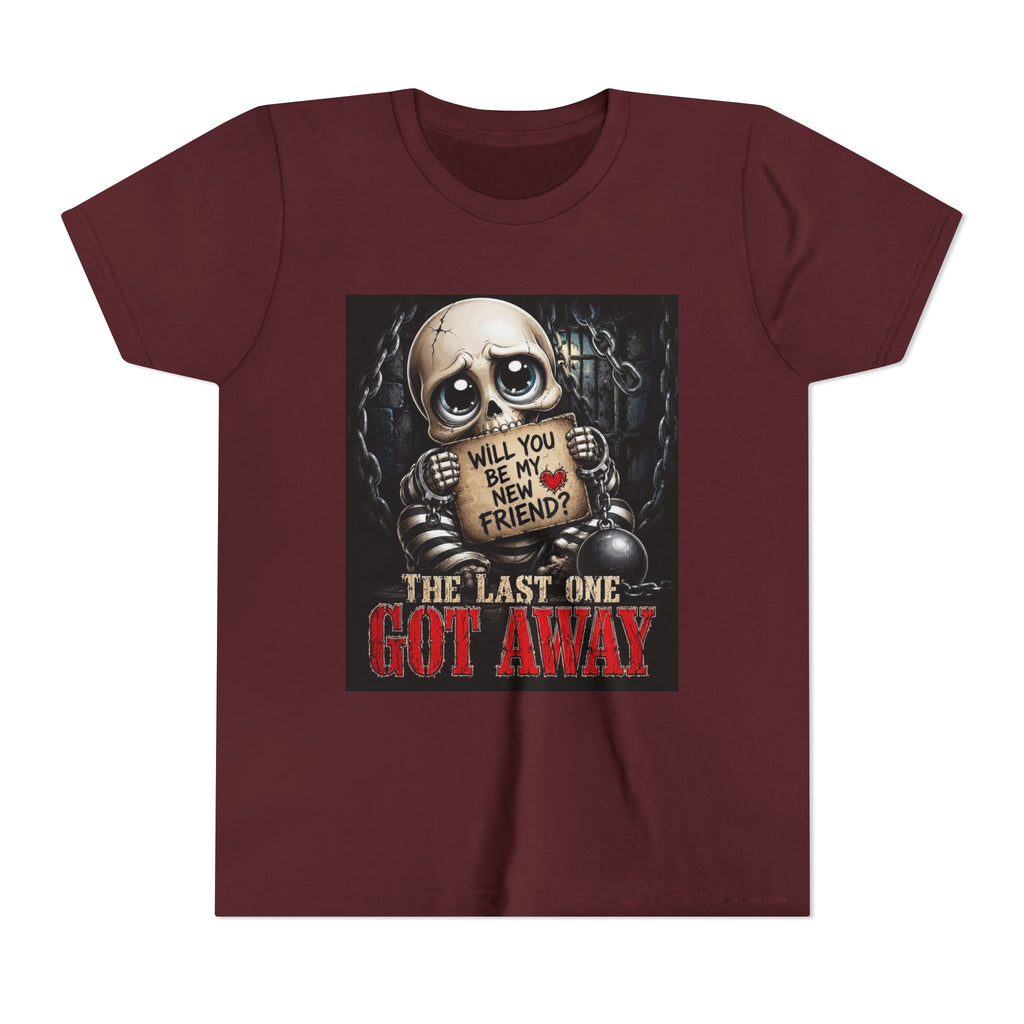 Youth Tee — Cute Creepy Skull 'Will You Be My New Friend? The Last One Got Away' Graphic