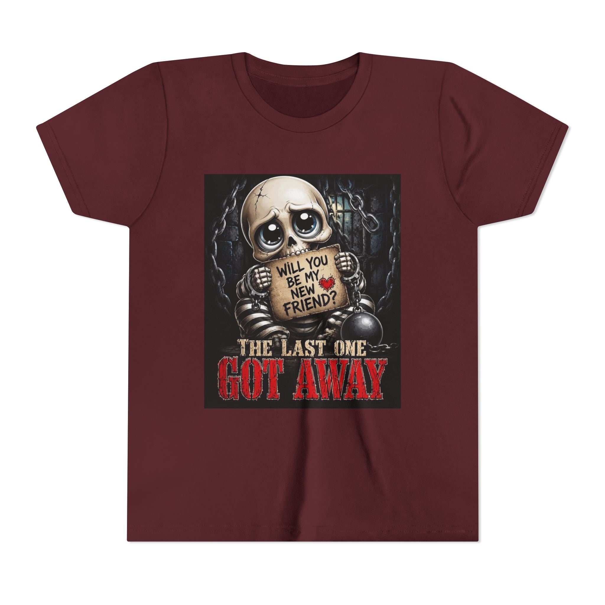 Youth Tee — Cute Creepy Skull 'Will You Be My New Friend? The Last One Got Away' Graphic