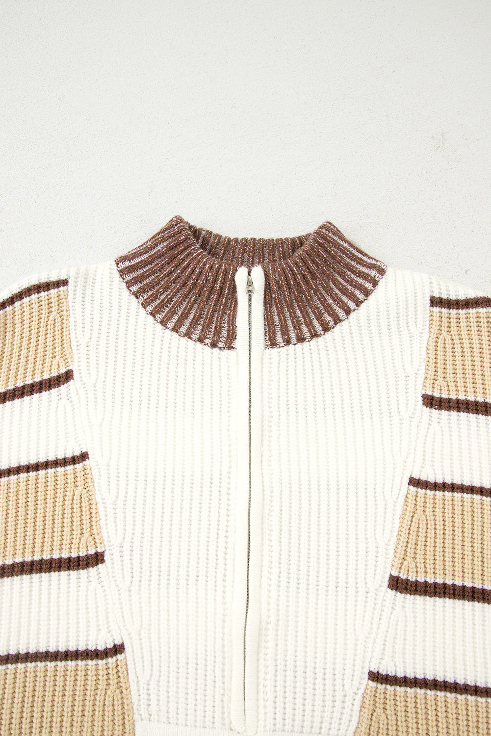 Khaki Stripe Half Zip Drop Shoulder Womens Sweater