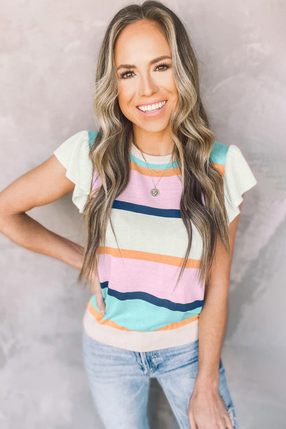 Multicolour Striped Color Block Flutter Sleeve Patchwork Sweater Top