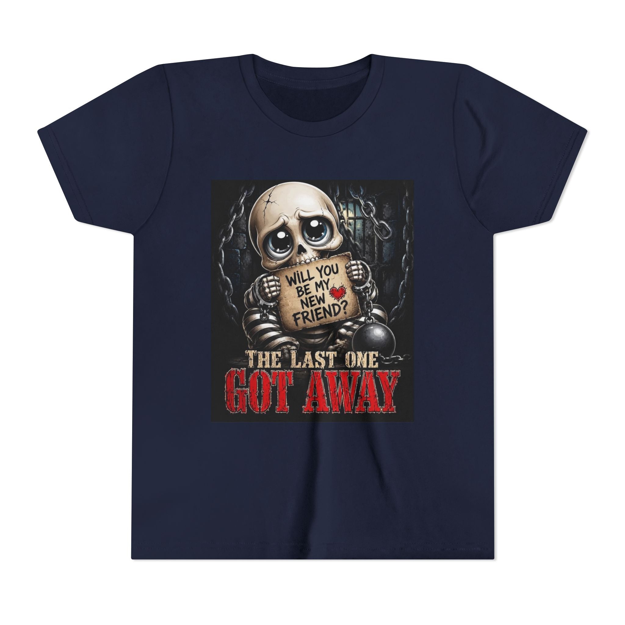 Youth Tee — Cute Creepy Skull 'Will You Be My New Friend? The Last One Got Away' Graphic