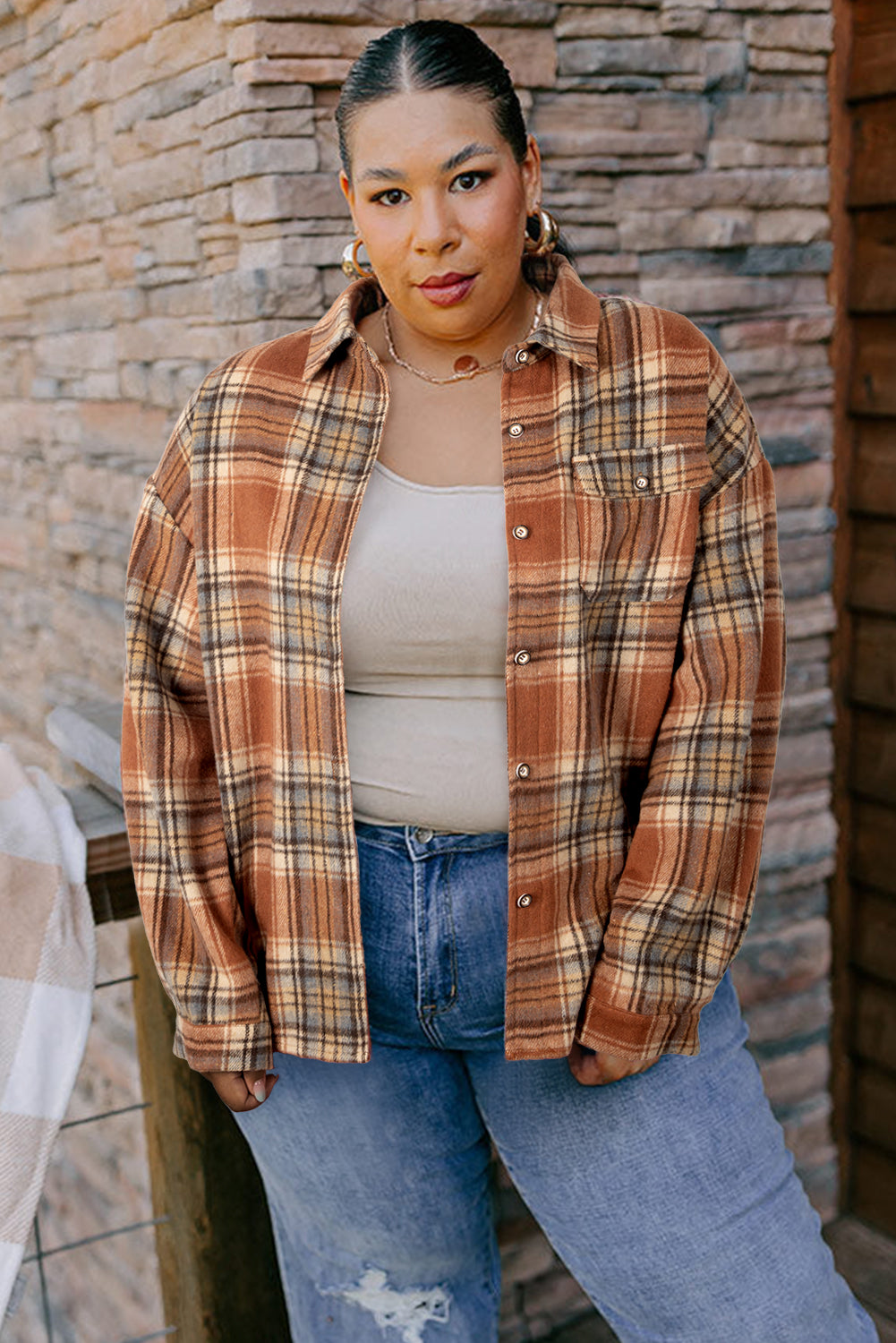 Brown Plaid Print Flap Pocket Buttoned Plus Size Shacket