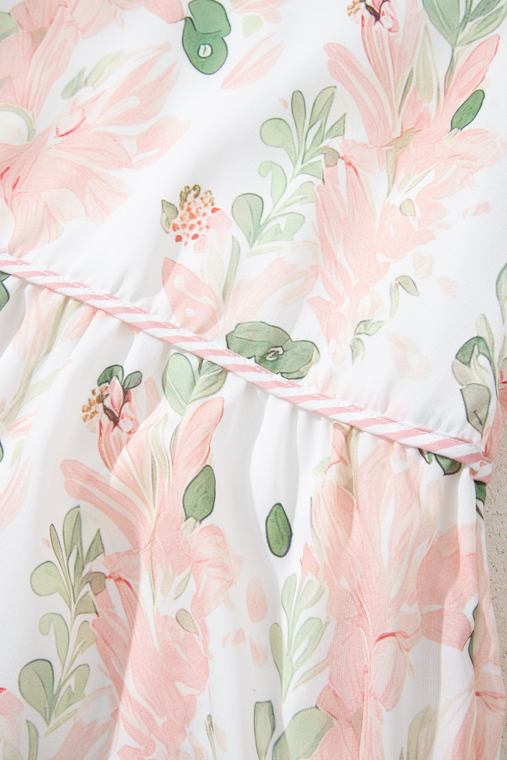 Pink Plus Size Floral Print Striped Detail Short Summer Dress