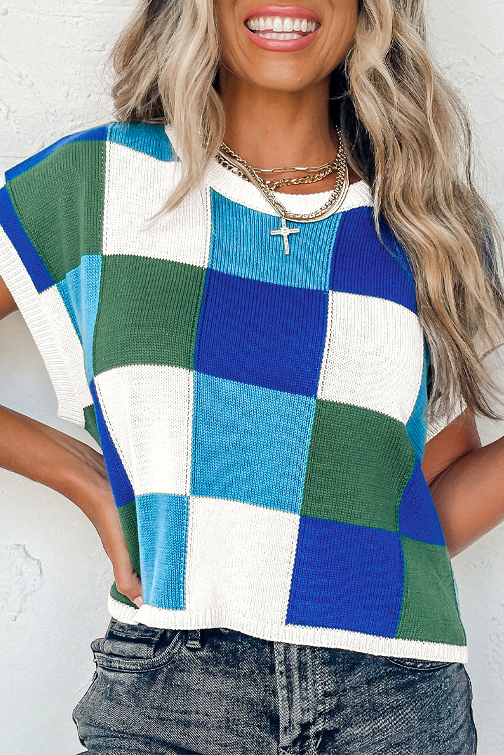 Dark Green Color Block Cap Sleeve Sweater