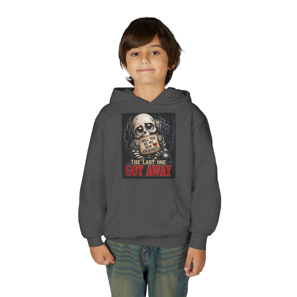 Youth Hoodie — Creepy Skeleton 'Will You Be My Friend?' Horror Graphic