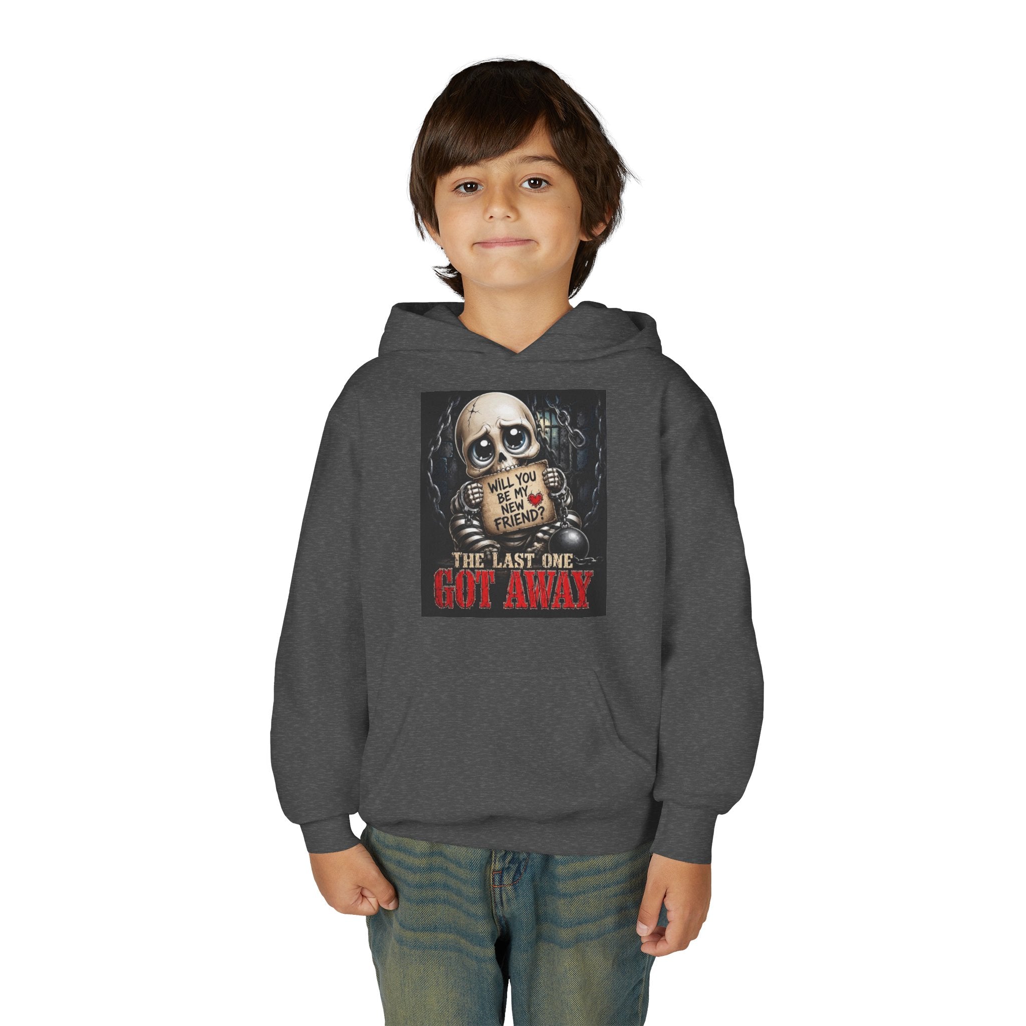 Youth Hoodie — Creepy Skeleton 'Will You Be My Friend?' Horror Graphic