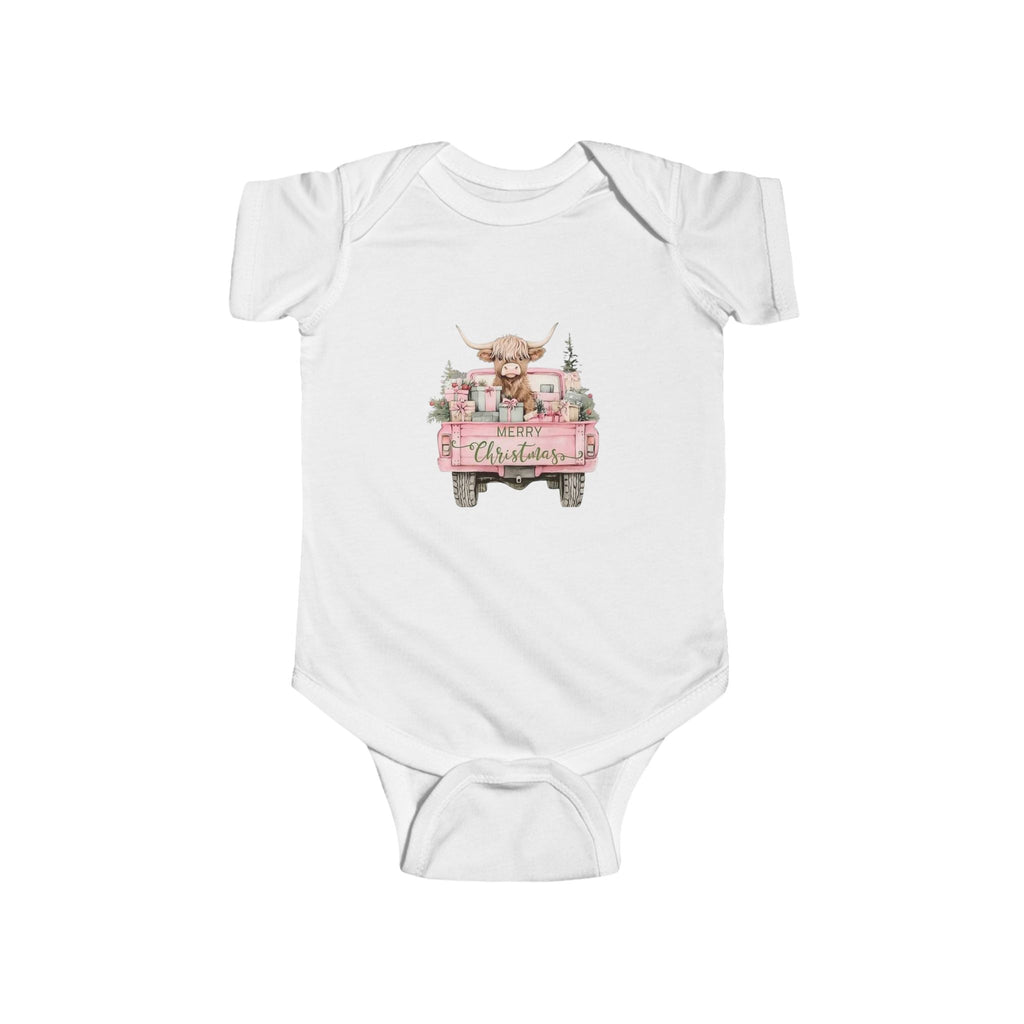 Infant Bodysuit — Pink Vintage Truck with Highland Cow Baby Onesie (Christmas)
