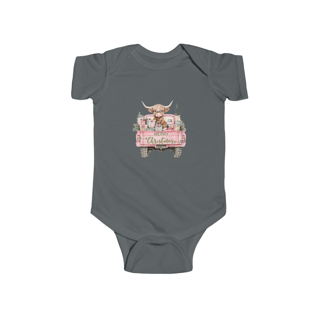 Infant Bodysuit — Pink Vintage Truck with Highland Cow Baby Onesie (Christmas)