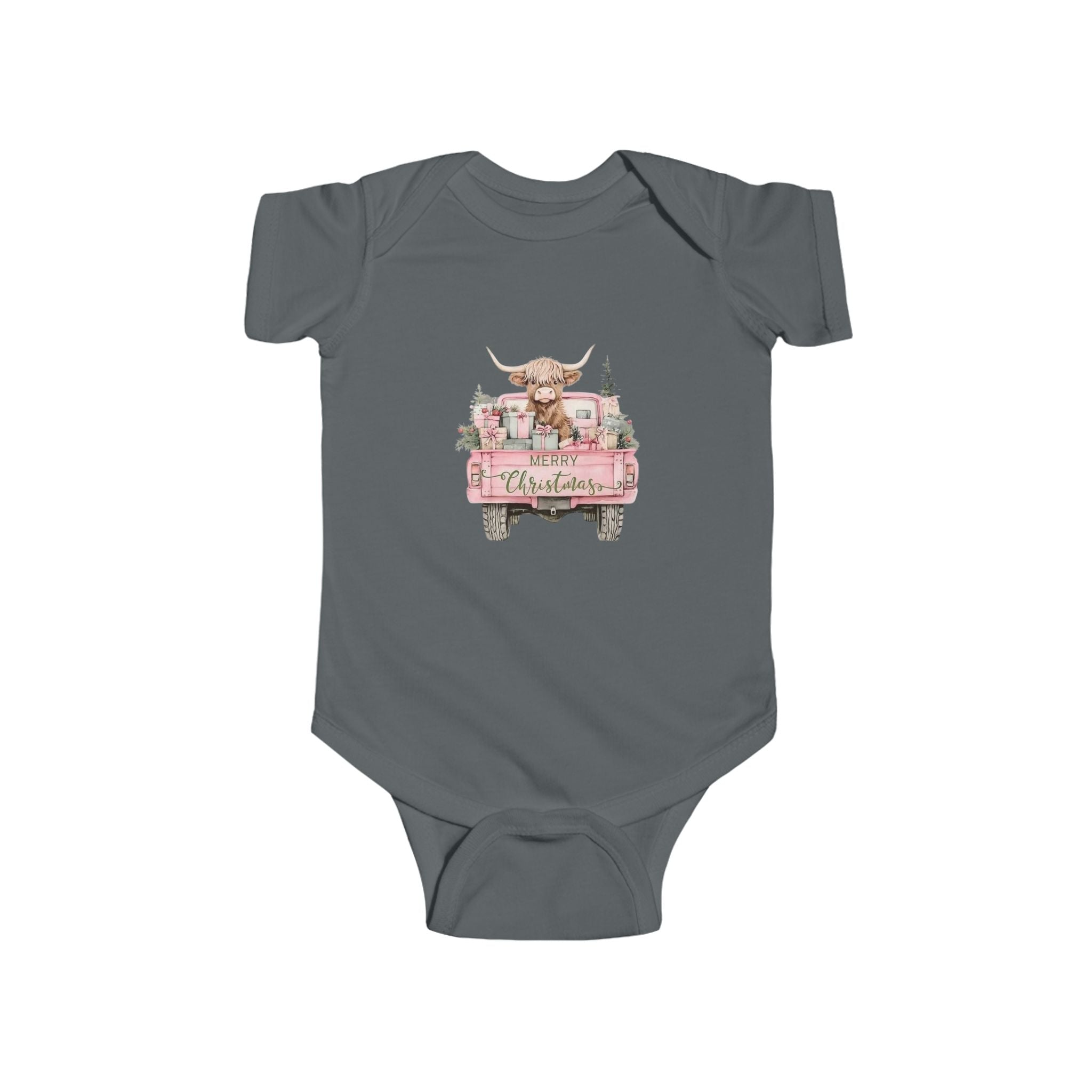 Infant Bodysuit — Pink Vintage Truck with Highland Cow Baby Onesie (Christmas)