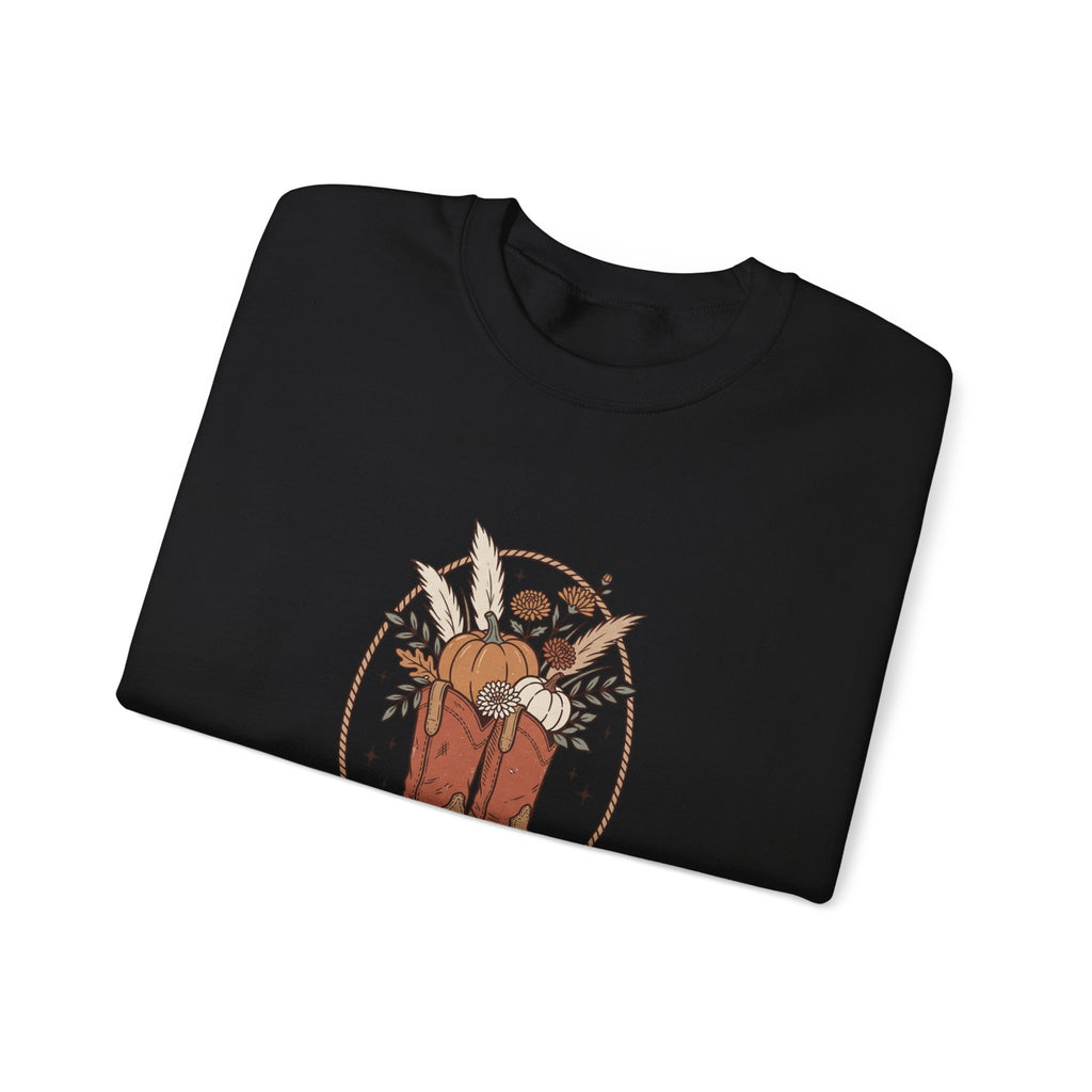 Boot Scootin' into Fall Pumpkin Crewneck Sweatshirt | Western Fall Aesthetic