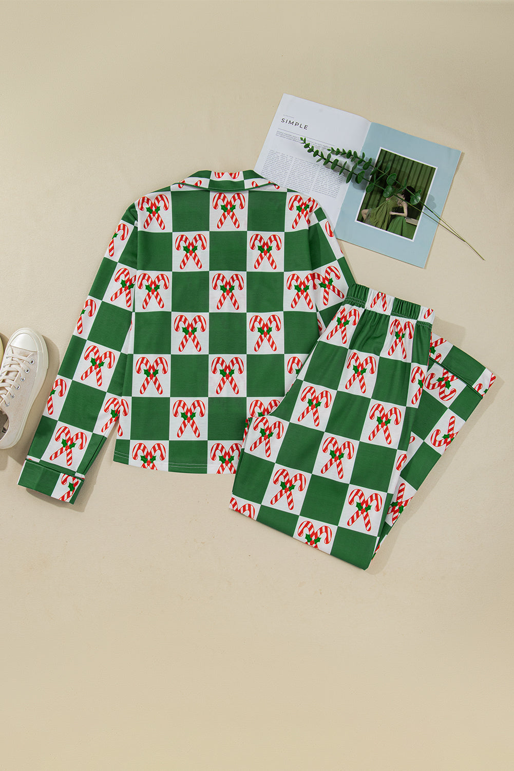 Green Holly Jolly Checkered Pattern 2pcs Long Pajama Set