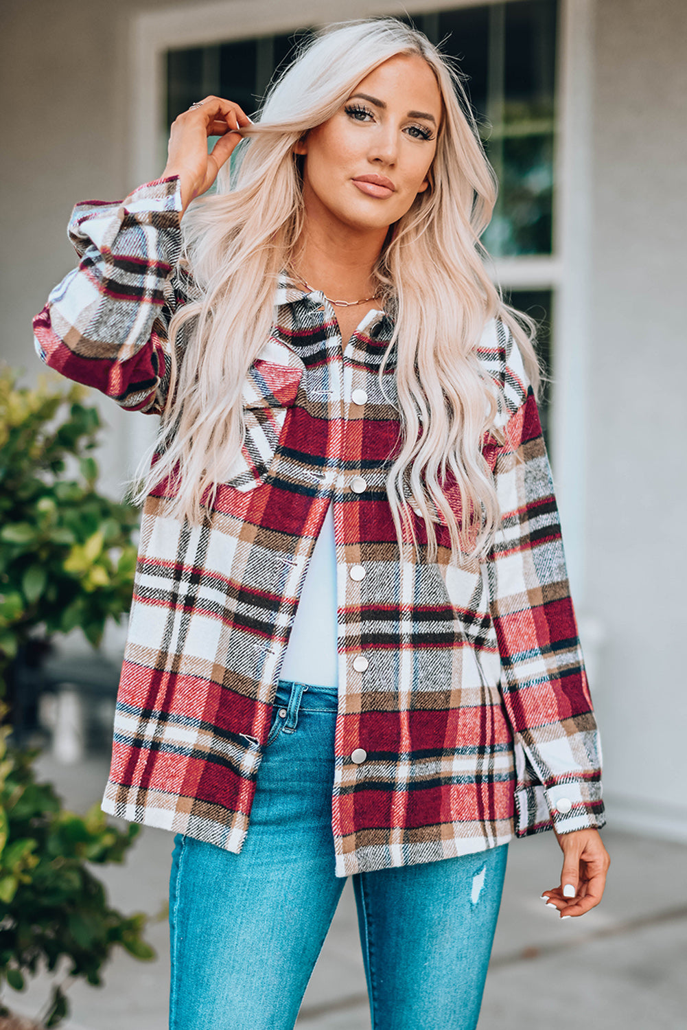 Khaki Geometric Plaid Print Pocketed Shacket