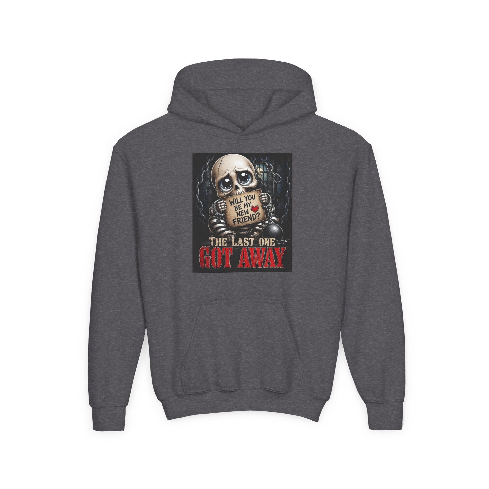 Youth Hoodie — Creepy Skeleton 'Will You Be My Friend?' Horror Graphic