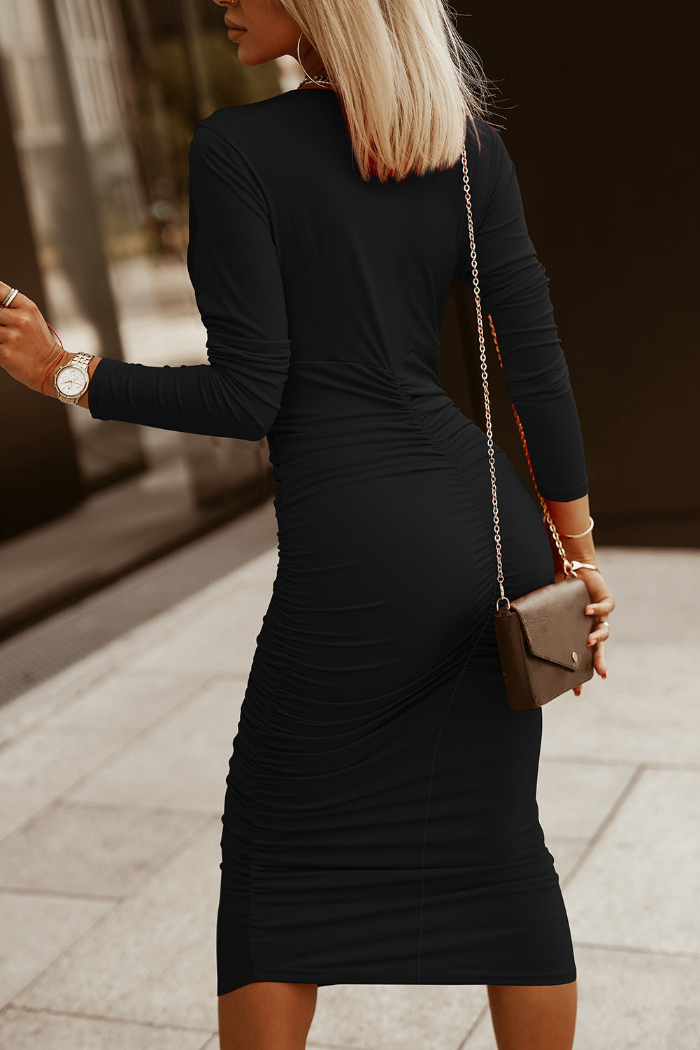 Black Long Sleeves Wrap V Neck Ruched Sheath Midi Dress