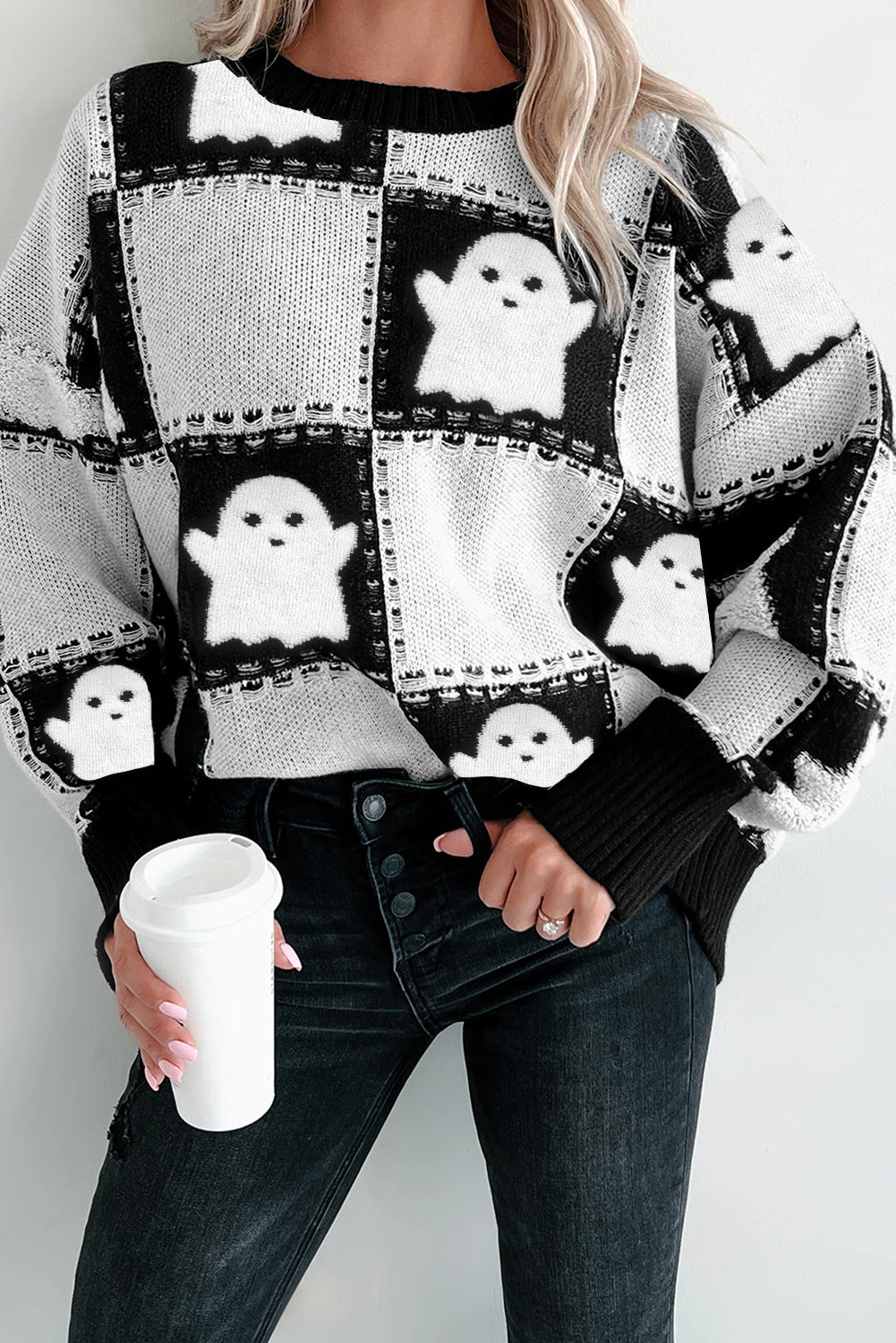 Black Halloween Ghost Checkered Drop Shoulder Sweater