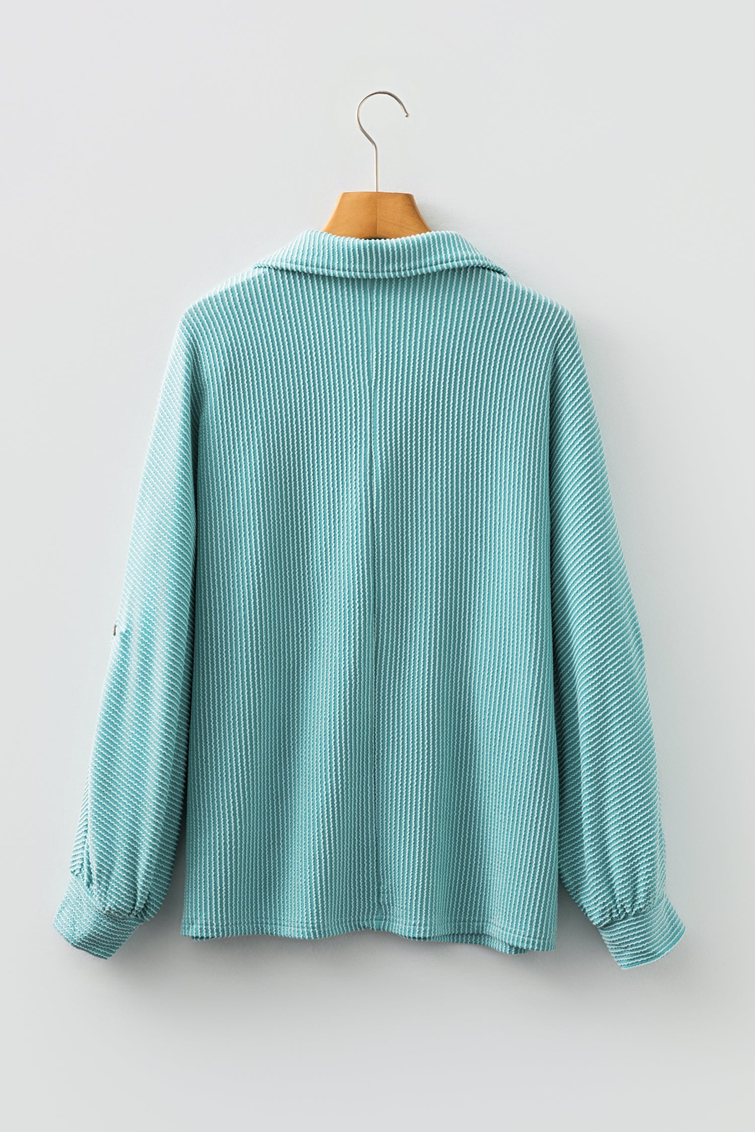 Light Blue Oversized Twist Ribbed Collared Henley Top with Roll up Sleeve