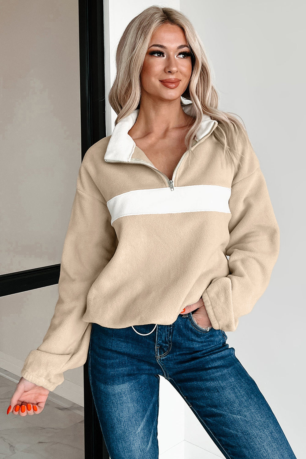 Parchment Fleece Colorblock Patchwork Zipped Neck Pullover Sweatshirt