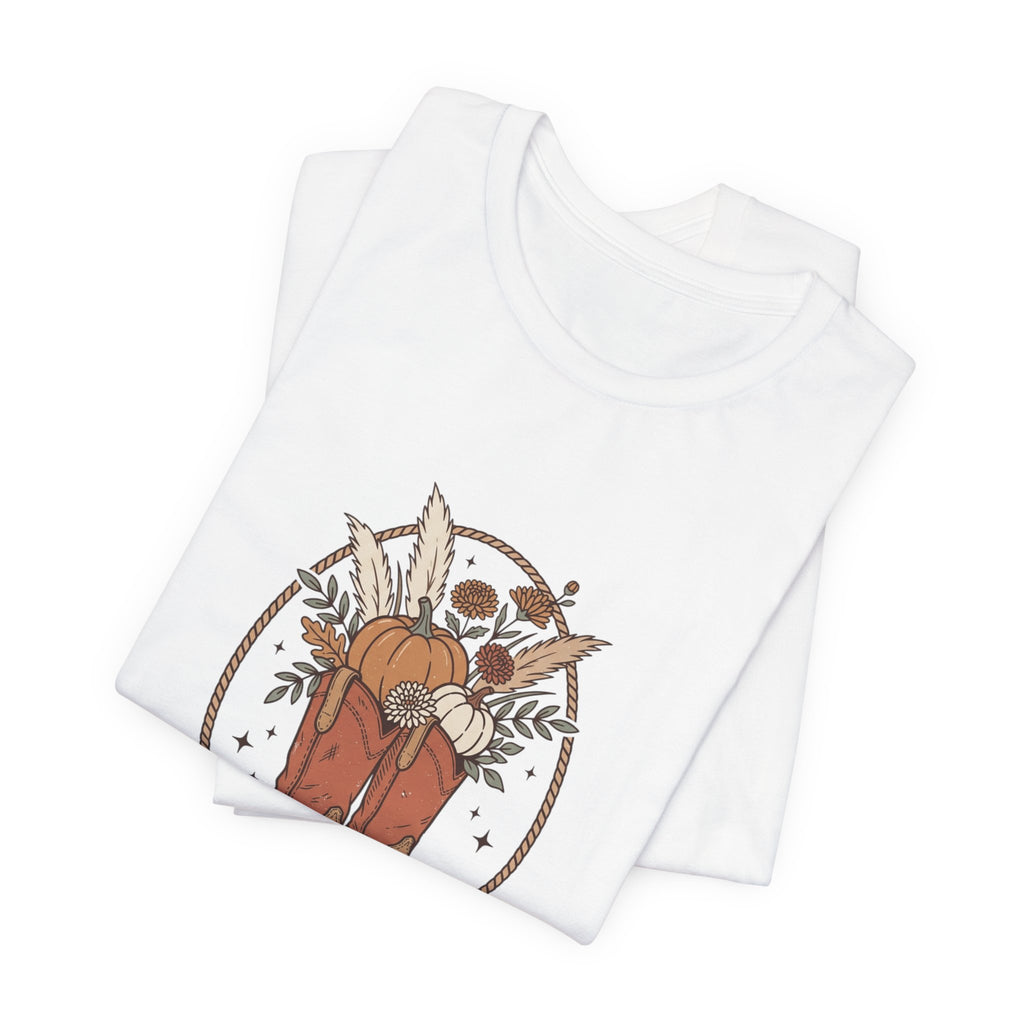 Boot Scootin' into Fall Tee | Pumpkin, Cowboy Boots, Fall Aesthetic
