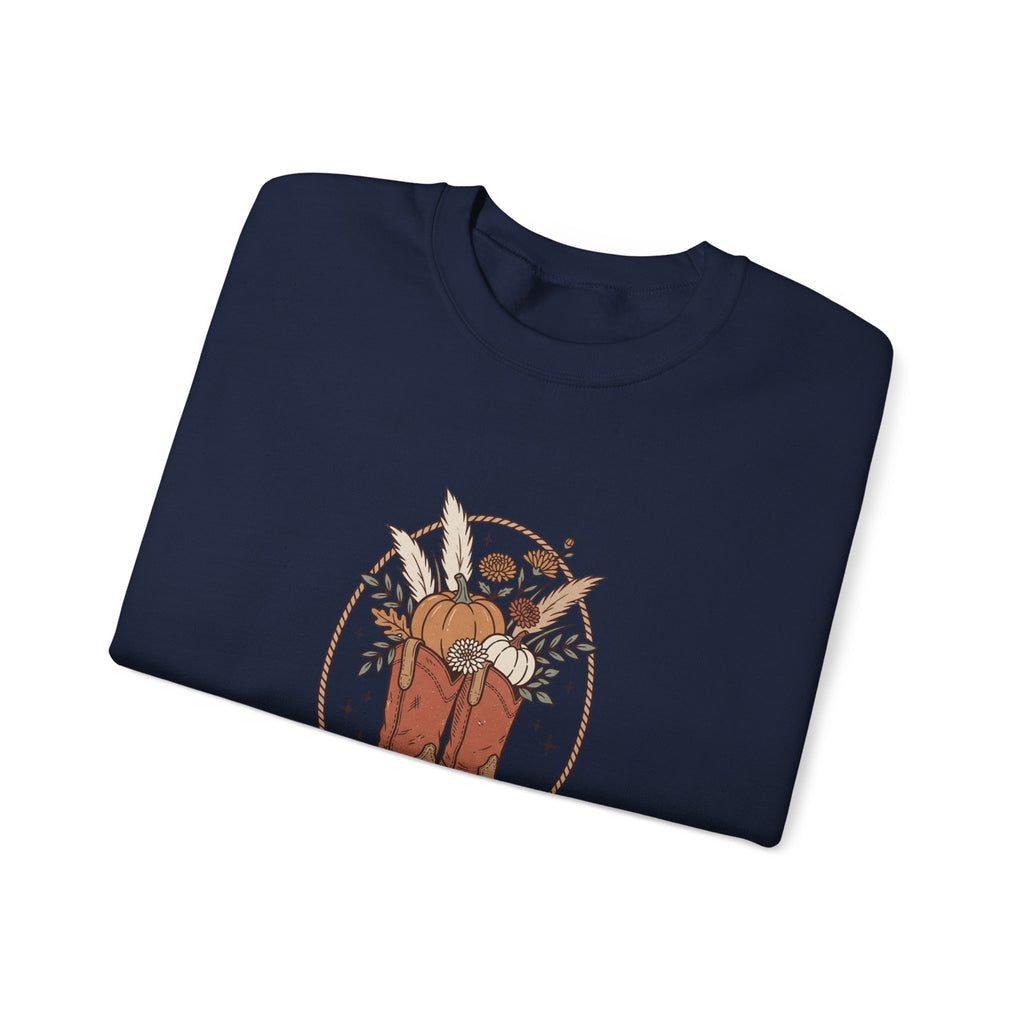 Boot Scootin' into Fall Pumpkin Crewneck Sweatshirt | Western Fall Aesthetic
