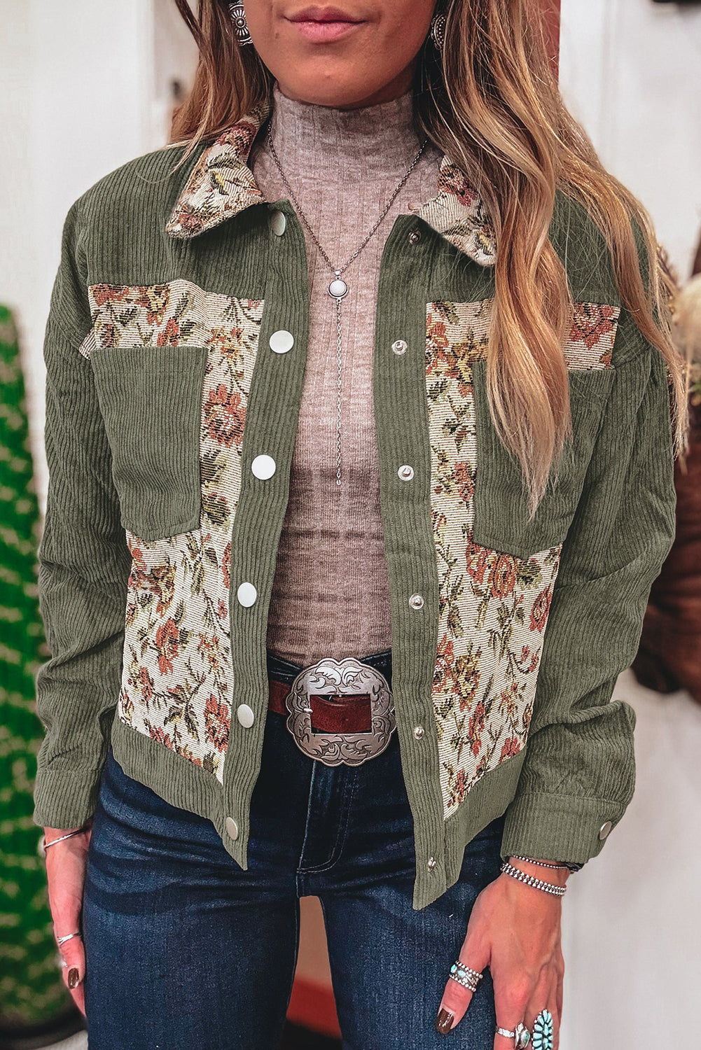 Sage Green Ribbed Retro Floral Patchwork Shirt Style Jacket
