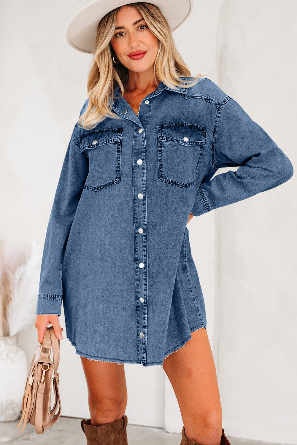 Beau Blue Chest Pocket Raw Hem Denim Loose Shirt Dress