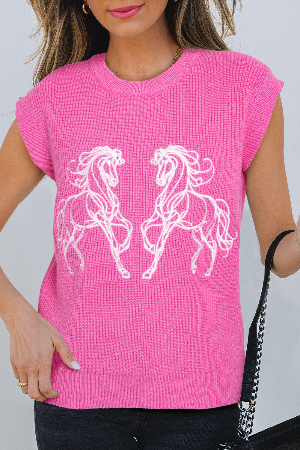 Bright Pink Western Horse Embroidered Round Neck Sweater Tee