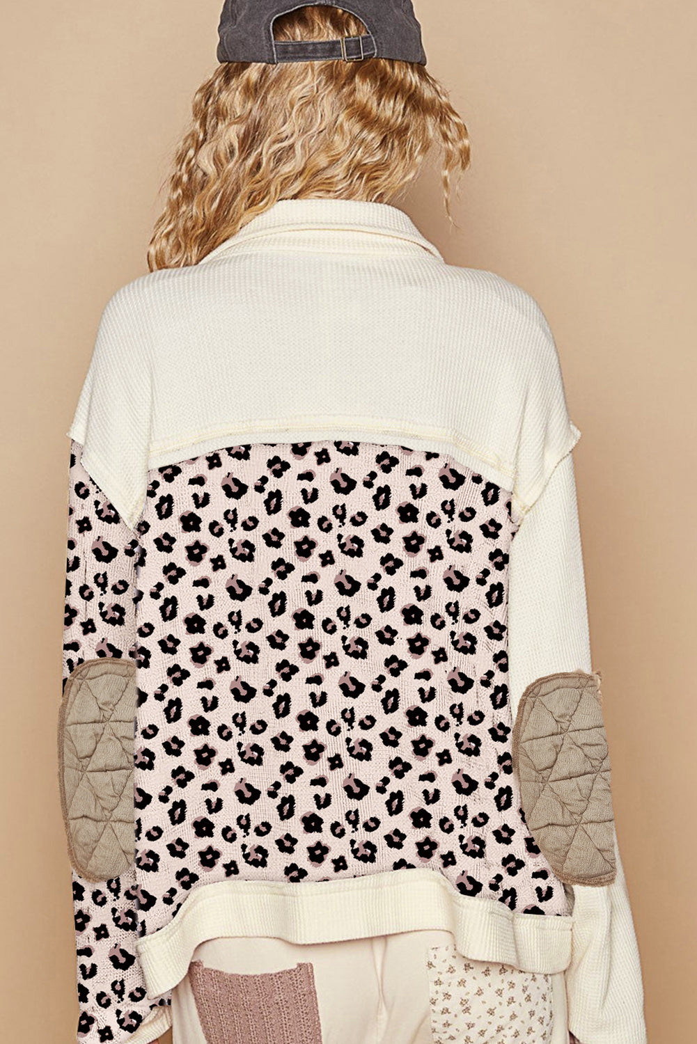 Khaki Leopard Waffle Quilted Patchwork Button Front Jacket