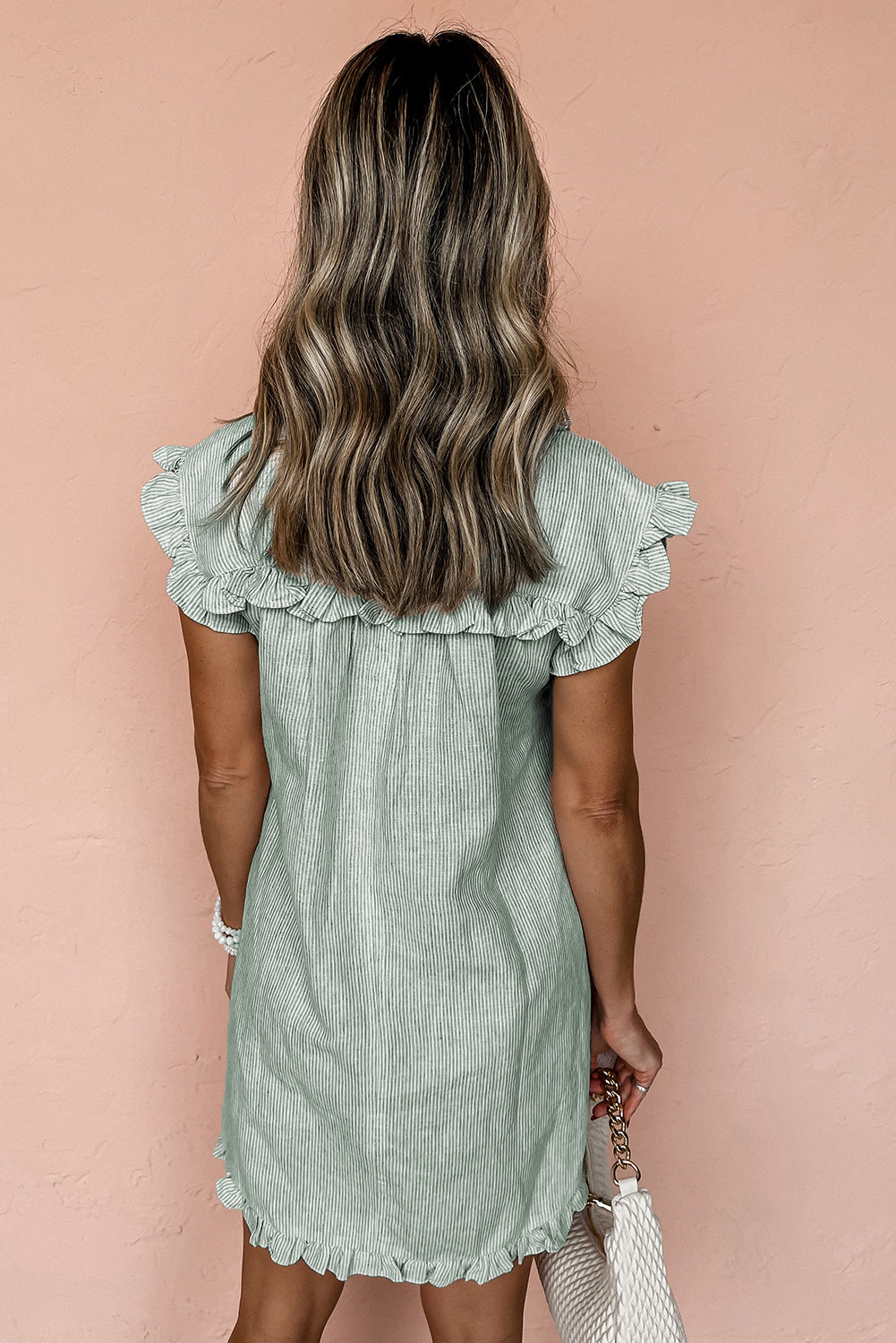 Green Stripe Frilled Sleeveless Collar Front Pocket Button Up Mini Dress
