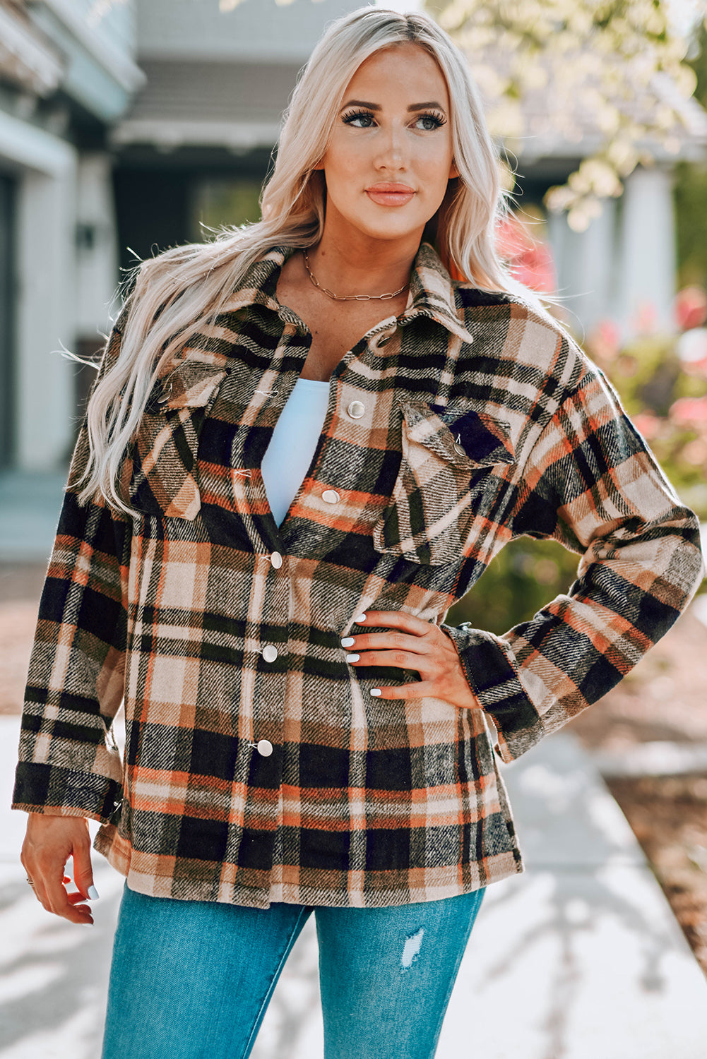 Khaki Geometric Plaid Print Pocketed Shacket