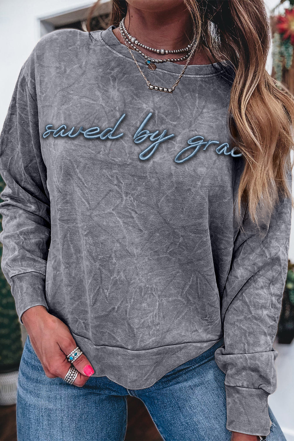 DUNE saved by grace Letter Embroidery Mineral Wash Loose Sweatshirt