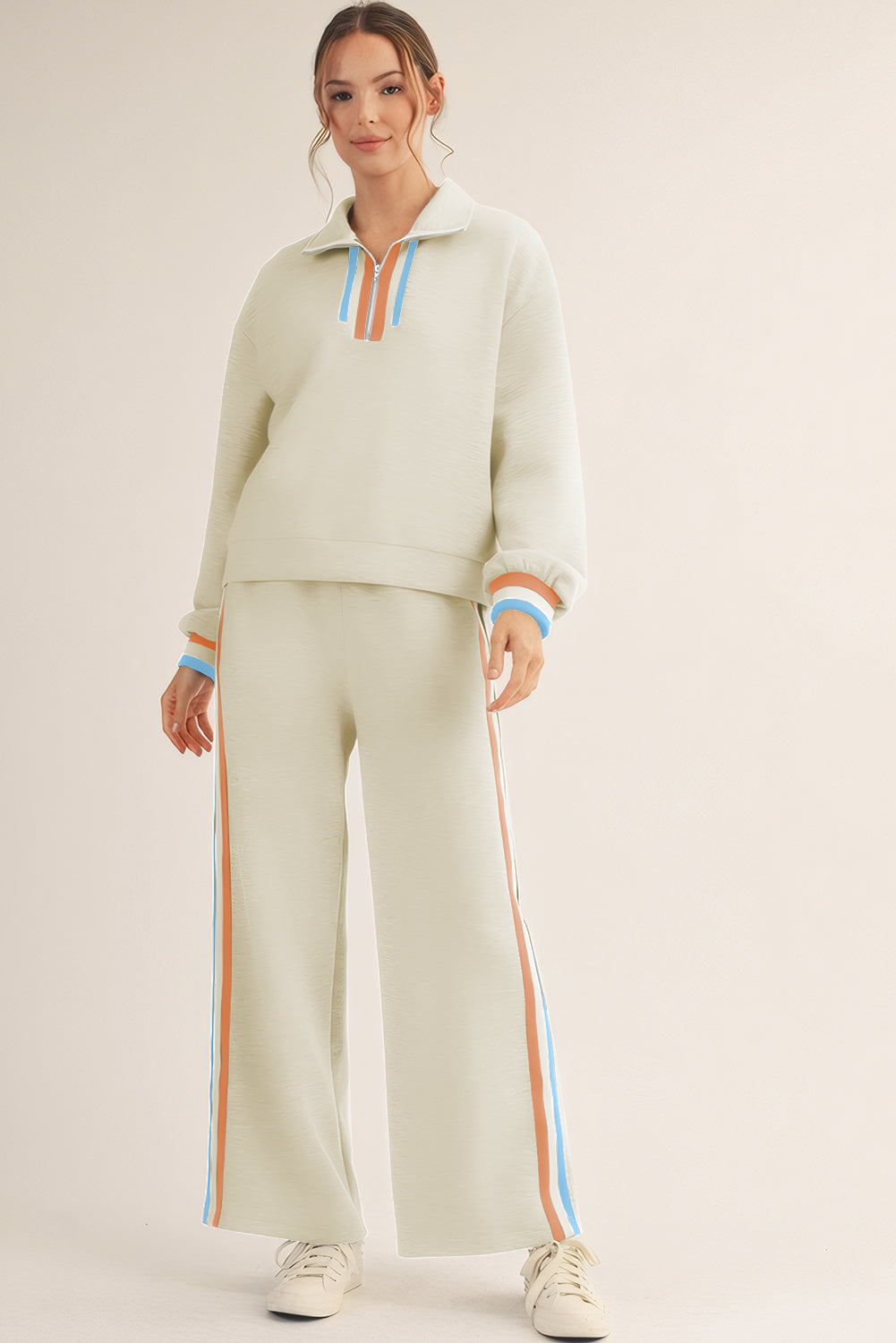 Gray Striped Patchwork Quarter Zip Pullover Loose Pant Set
