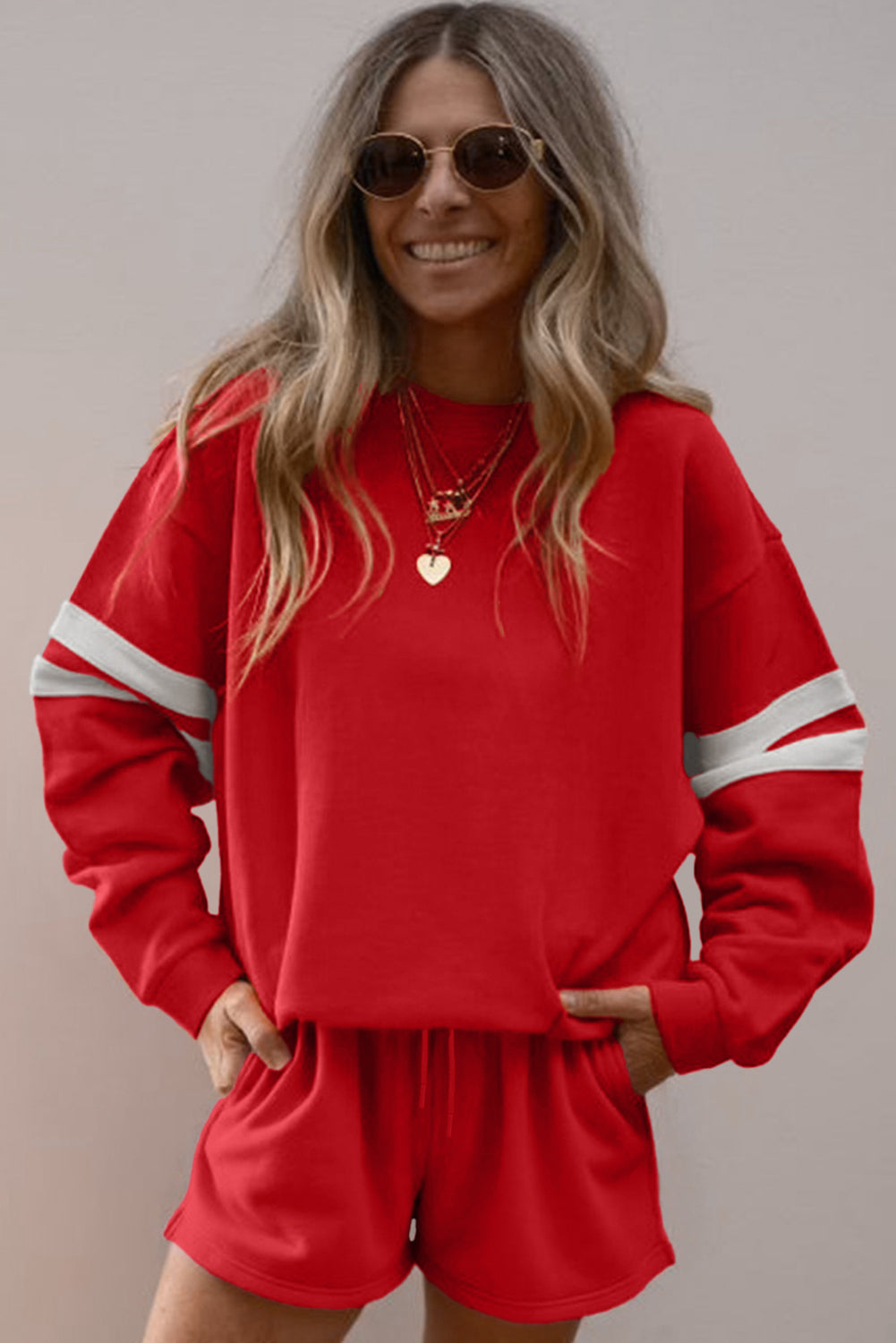 Orange Varsity Striped Sleeve Drop Shoulder Sweatshirt and Short Set