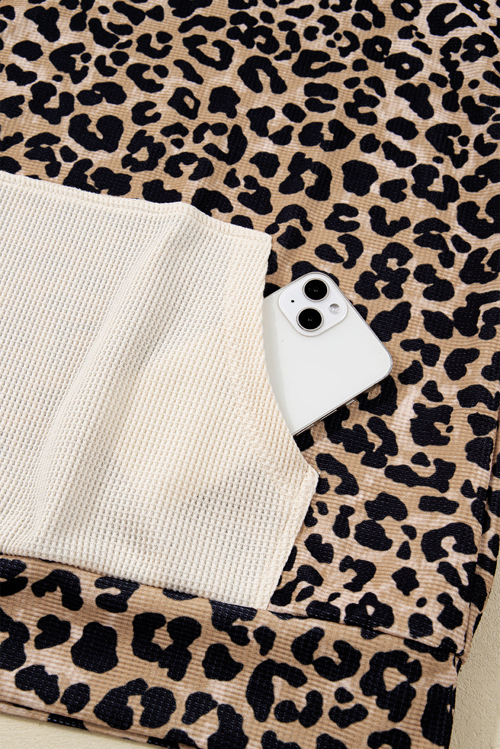 Leopard Print Waffle Contrast Kangaroo Pocket Hooded Sweatshirt