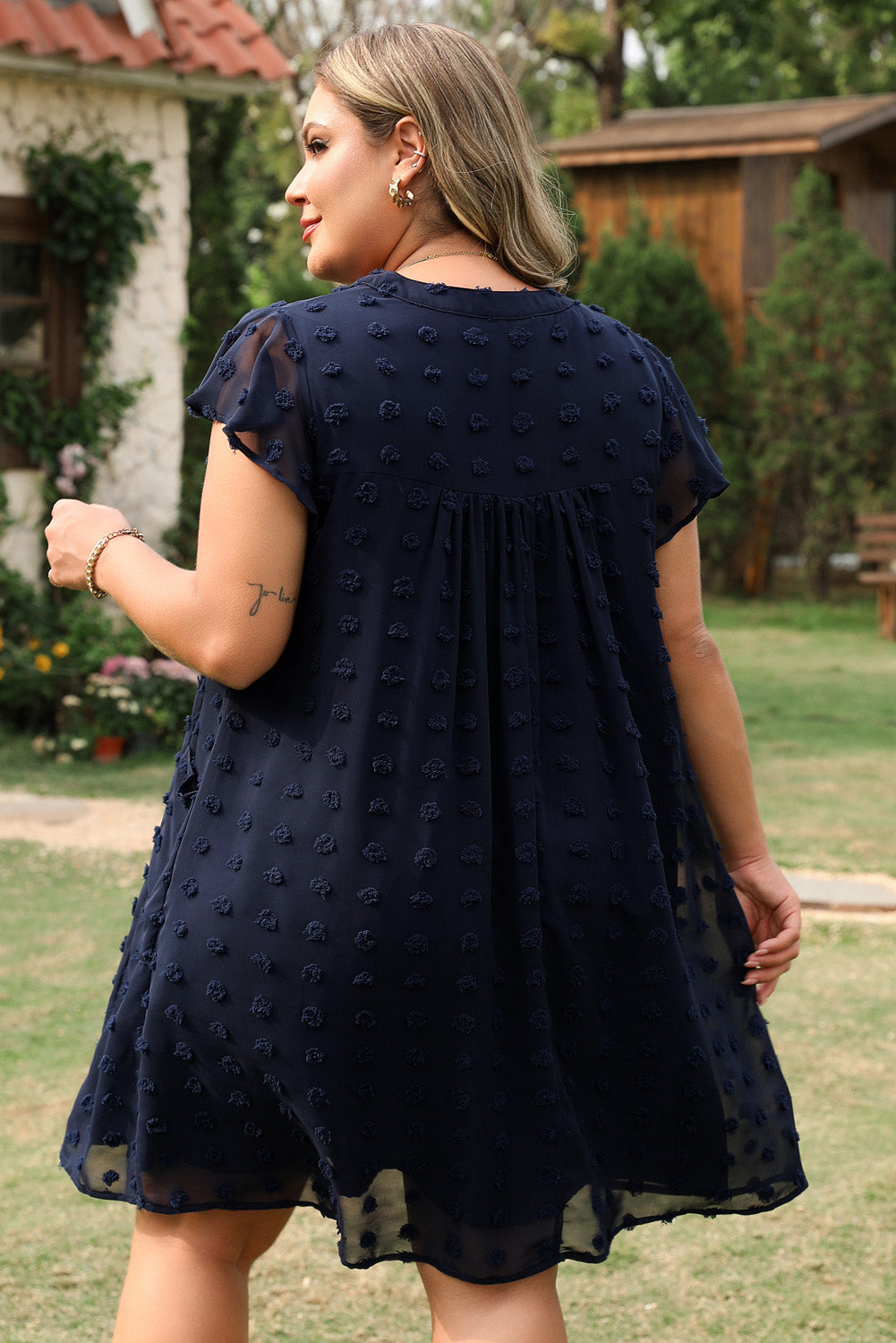 Navy Blue Dotty Textured Notched Neck Plus Ruffled Dress