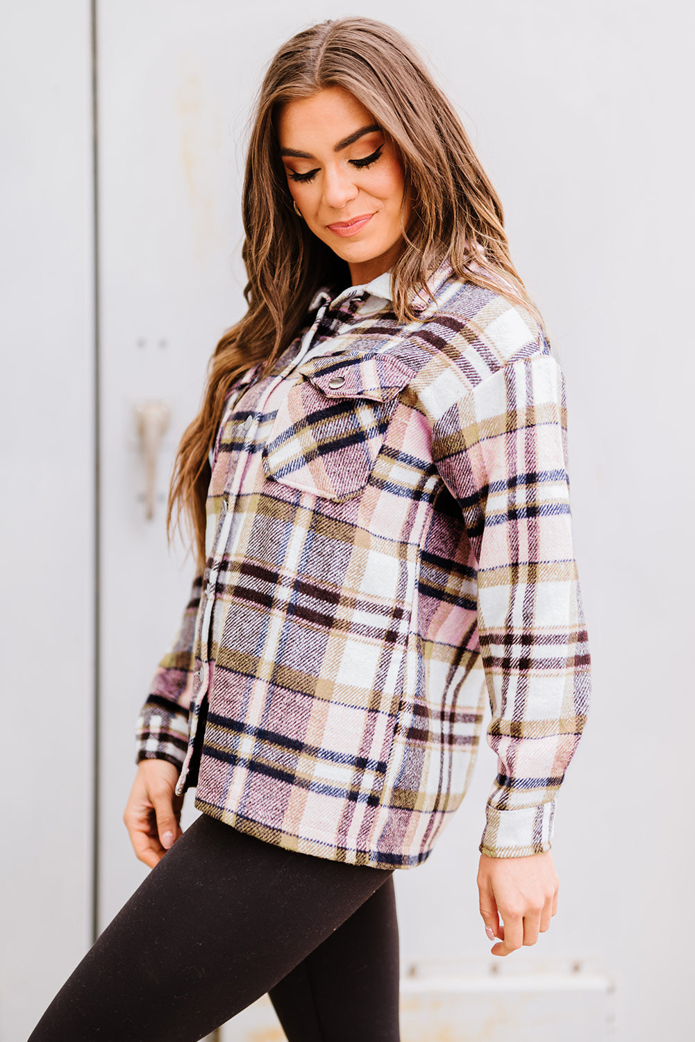 Khaki Geometric Plaid Print Pocketed Shacket