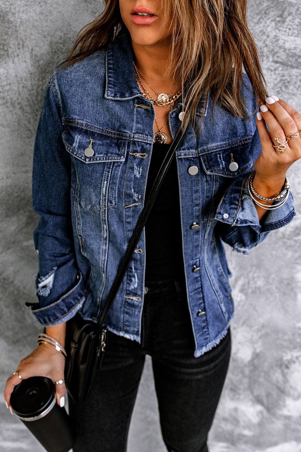 Black Lapel Distressed Raw Hem Buttons Denim Jacket